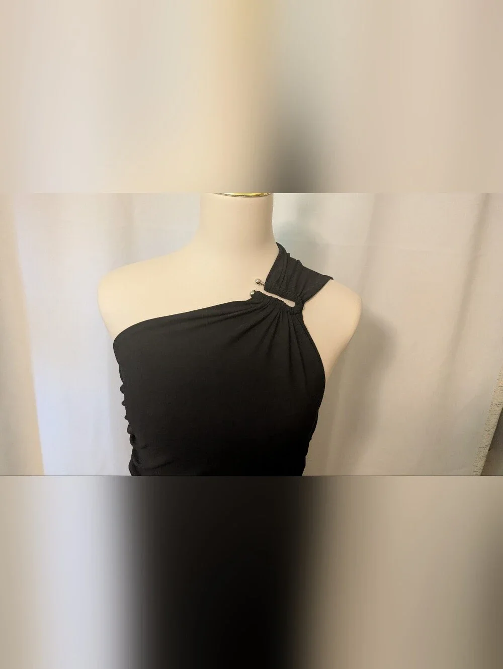 Michael Kors One-Shoulder Black Ruched Gown with Shoulder Hardware